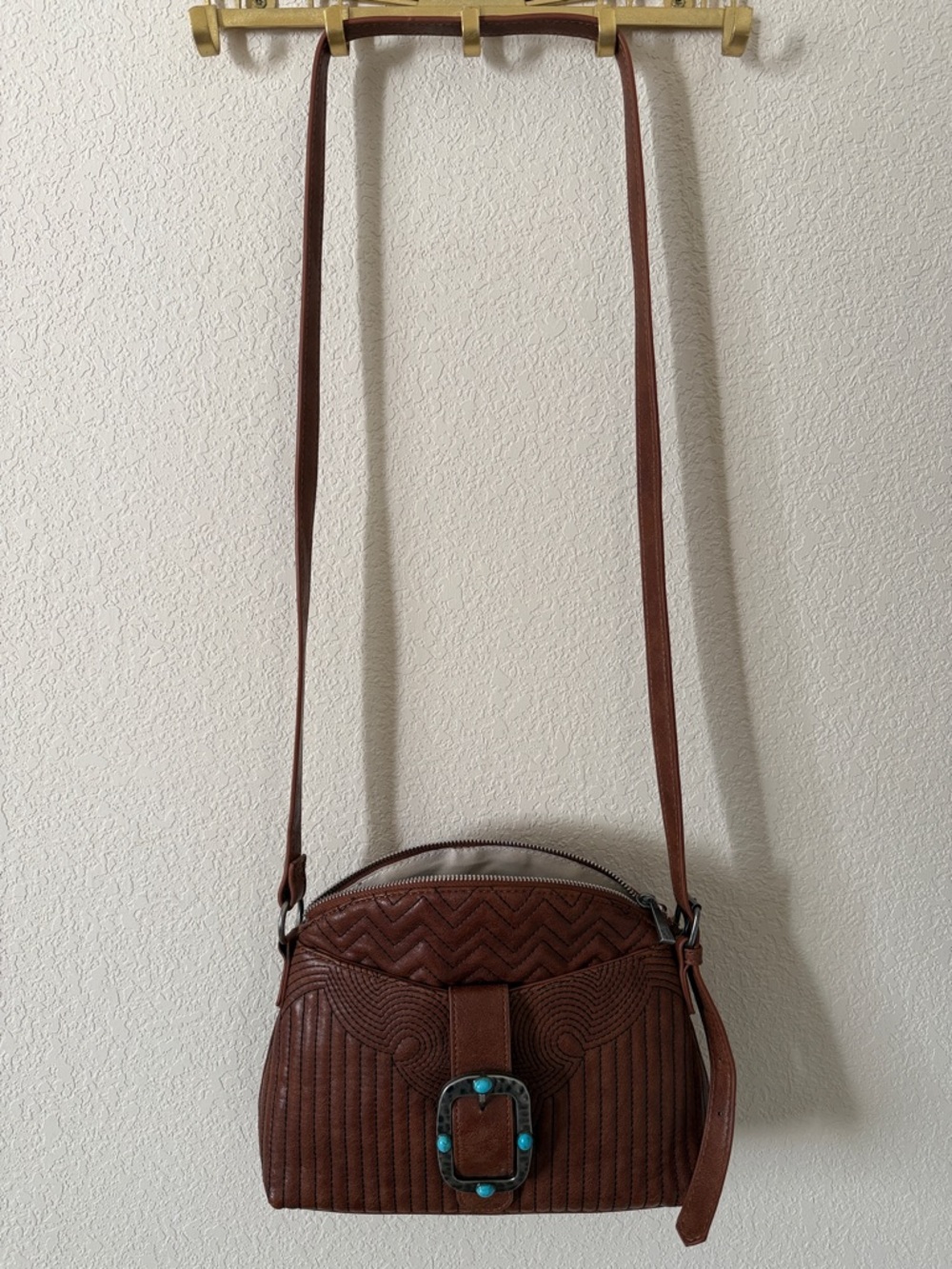 Brown Quilted Crossbody Bag with Turquoise Accent Buckle